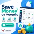 Infographic showing how to save money on Moosend email marketing platform with dashboard statistics and savings concept.