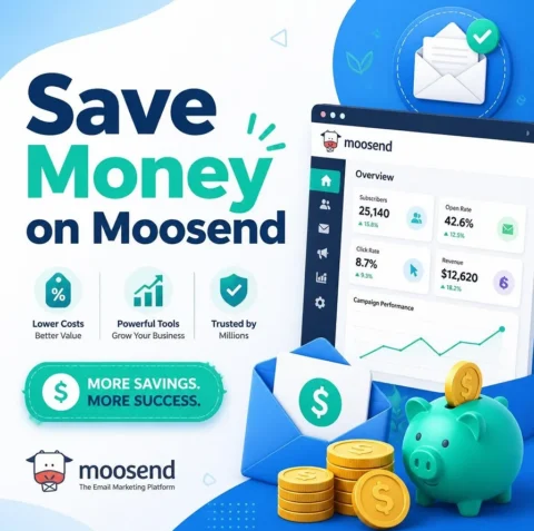 Infographic showing how to save money on Moosend email marketing platform with dashboard statistics and savings concept.